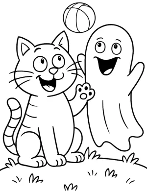 Black Cat and Ghost Playing Ball Halloween Coloring Page by Mindset Flow