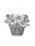 Blooming Flower Basket with Roses and Leaves Flower Coloring Page by Mindset Flow