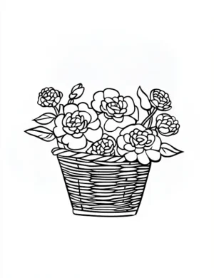 Blooming Flower Basket with Roses and Leaves Flower Coloring Page by Mindset Flow