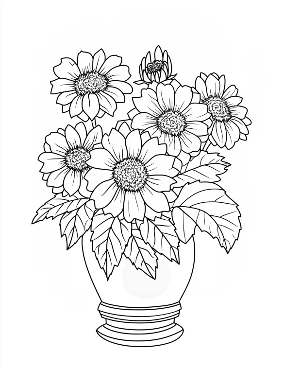 Blooming Flower Bouquet in Vase Coloring Page