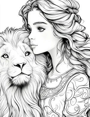 Bold Girl with Lion and Regal Attire Adult Coloring Page By Mindset Flow