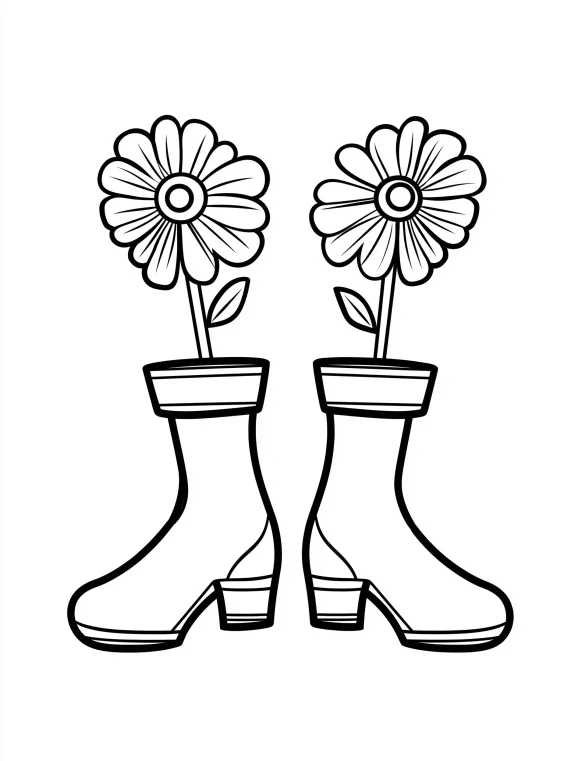 Boots with Flowers Vase Coloring Page