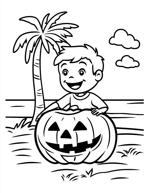 Boy Playing with Pumpkin Patch Halloween Coloring Page by Mindset Flow