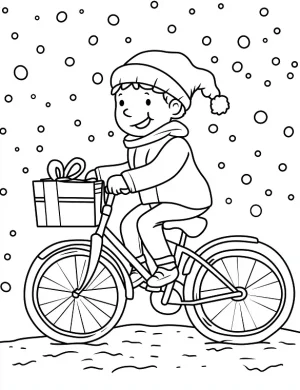 Boy Riding Bike in Christmas Snow Coloring Page By Mindset Flow