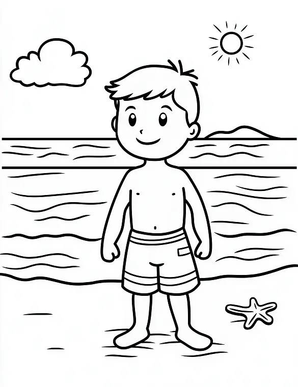 Boy Standing On Beach With Starfish Adult Coloring Page By Mindset Flow