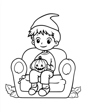 Boy on Couch with Pumpkin Halloween Coloring Page by Mindset Flow