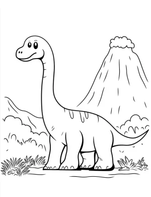Brachiosaurus Dinosaur with Volcano and Mountain Background Coloring Page
