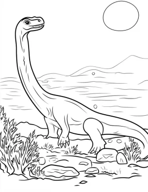Brachiosaurus Standing in Evening Landscape with Sun Coloring Page