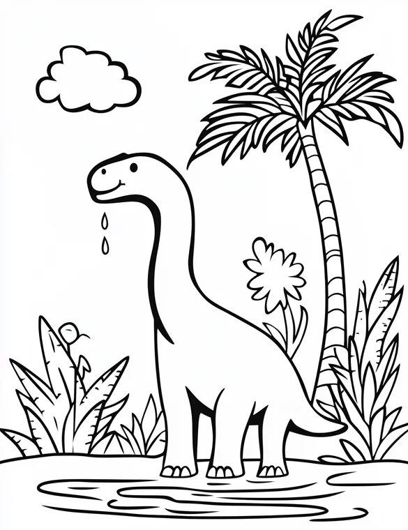 Brachiosaurus on a Pool in the Jurassic Landscape Coloring Page