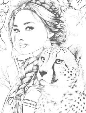 Brave Girl With Cheetah Adult Coloring Page By Mindset Flow