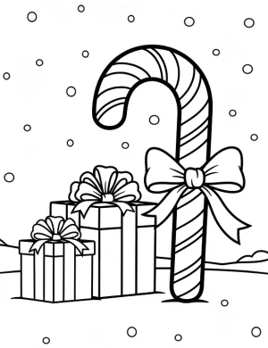 Candy Cane with Christmas Presents Holiday Coloring Sheet By Mindset Flow