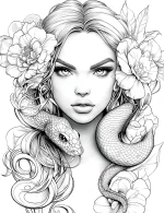 Captivating Woman With Snake and Flowers Adult Coloring Page By Mindset Flow
