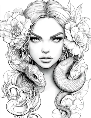 Captivating Woman With Snake and Flowers Adult Coloring Page By Mindset Flow