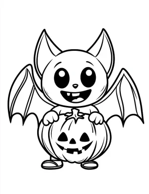 Cartoon Bat Holding a Pumpkin Coloring Page by Mindset Flow