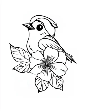 Cartoon Bird Resting on Branch Flower Coloring Page by Mindset Flow