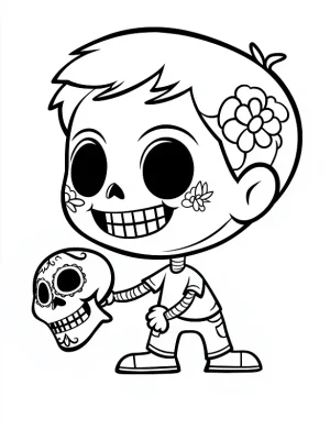 Cartoon Boy Holding a Sugar Skull Coloring Page by Mindset Flow