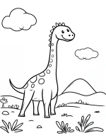 Cartoon Brachiosaurus Dinosaur in Nature and Clouds Coloring Page