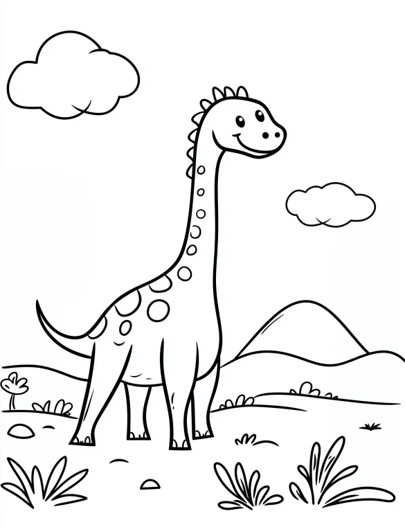 Cartoon Brachiosaurus Dinosaur in Nature and Clouds Coloring Page