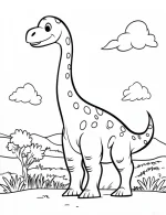 Cartoon Brachiosaurus Dinosaur with Clouds Trees and Sunny Landscape Coloring Page