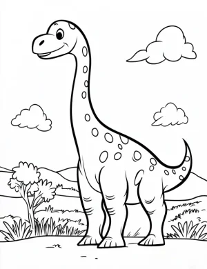 Cartoon Brachiosaurus Dinosaur with Clouds Trees and Sunny Landscape Coloring Page
