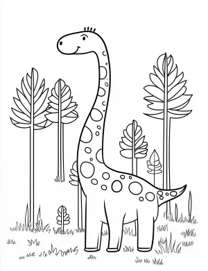 Cartoon Brachiosaurus Dinosaur with Trees and Grass Coloring Page