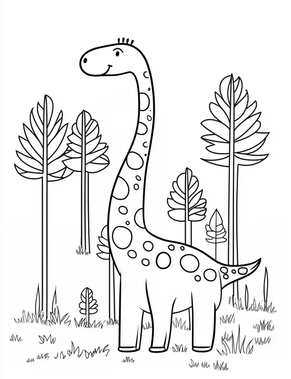 Cartoon Brachiosaurus Dinosaur with Trees and Grass Coloring Page