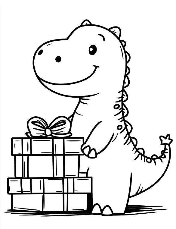 Cartoon Dinosaur Happily Holding Stacked Gifts Coloring Page by Mindset Flow