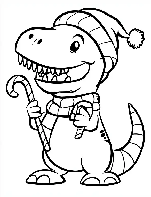 Cartoon Dinosaur Holding Candy Cane Christmas Coloring Page by Mindset Flow