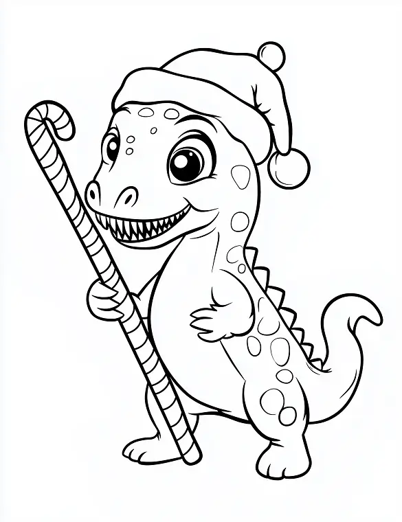 Cartoon Dinosaur Holding Candy Cane with Santa Hat Christmas Coloring Page by Mindset Flow