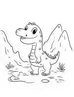 Cartoon Dinosaur Standing in Nature with Mountains Coloring Page