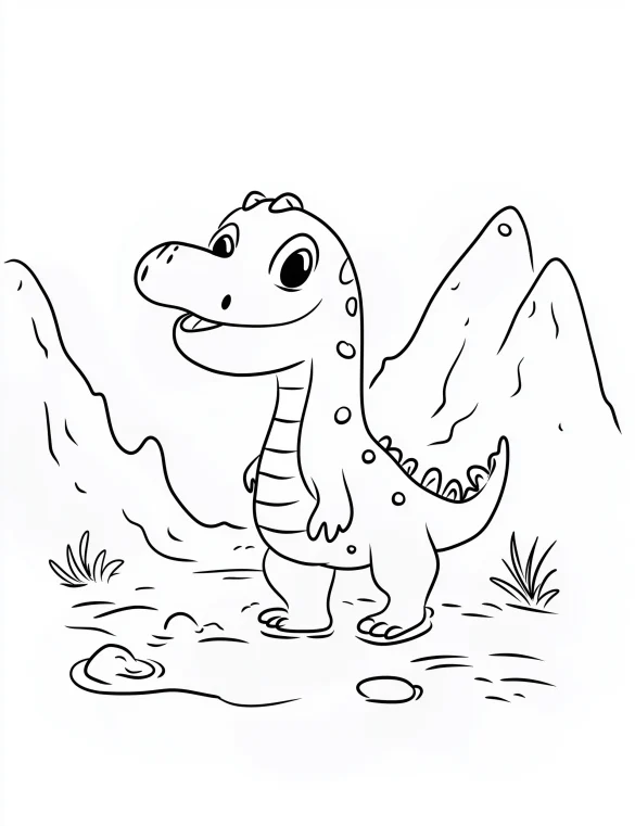 Cartoon Dinosaur Standing in Nature with Mountains Coloring Page