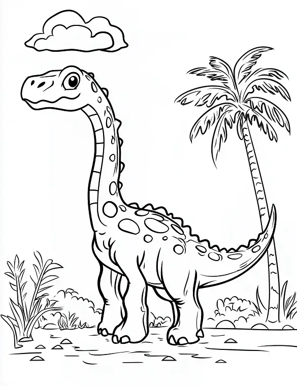 Cartoon Dinosaur in Tropical Landscape Coloring Page by Mindset Flow