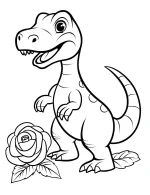 Cartoon Dinosaur with Rose Flower Coloring Page