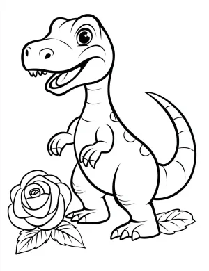 Cartoon Dinosaur with Rose Flower Coloring Page