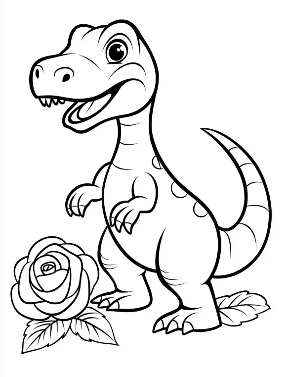 Cartoon Dinosaur with Rose Flower Coloring Page