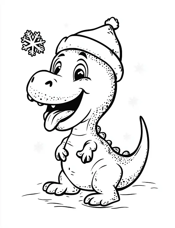 Cartoon Dinosaur with Santa Hat and Snowflakes Holiday Coloring Page by Mindset Flow