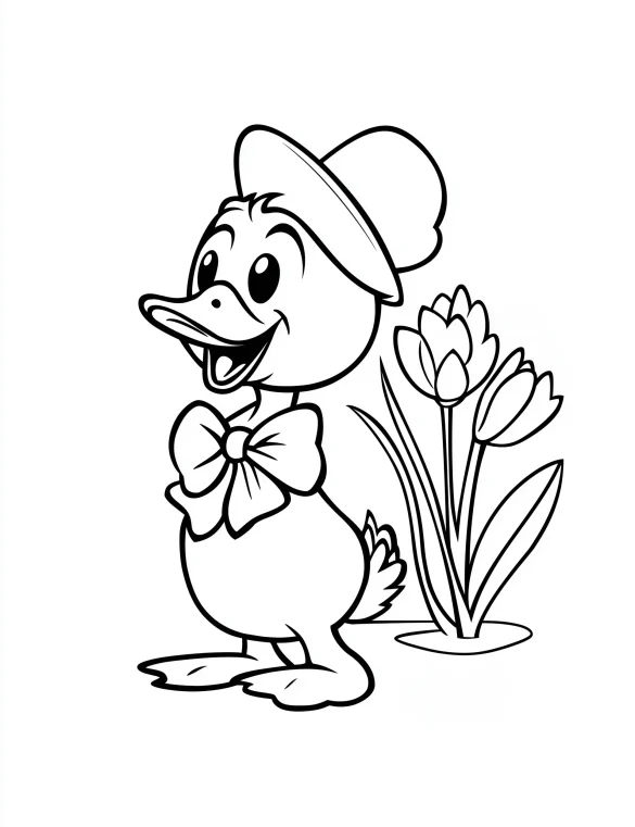 Cartoon Duck with Tulips Coloring Page