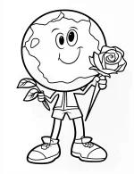 Cartoon Earth Character Holding Flowers Coloring Page