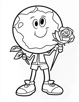 Cartoon Earth Character Holding Flowers Coloring Page