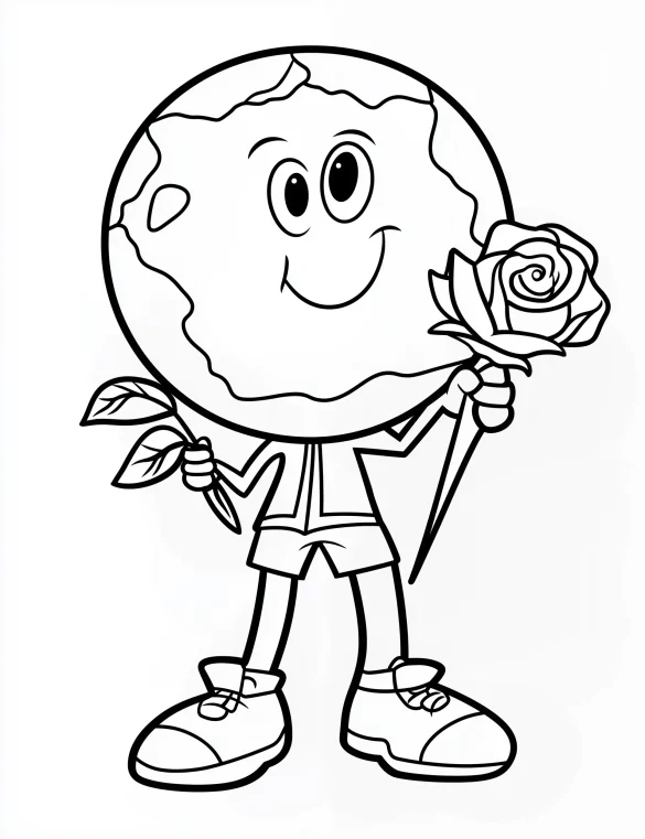 Cartoon Earth Character Holding Flowers Coloring Page