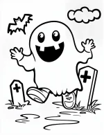 Cartoon Ghost Walking In The Graveyard Coloring Page by Mindset Flow