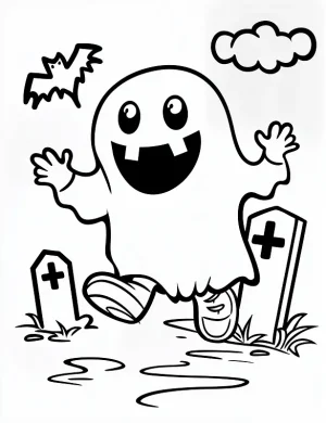 Cartoon Ghost Walking In The Graveyard Coloring Page by Mindset Flow
