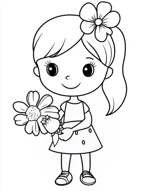 Cartoon Girl Holding Flowers Coloring Page