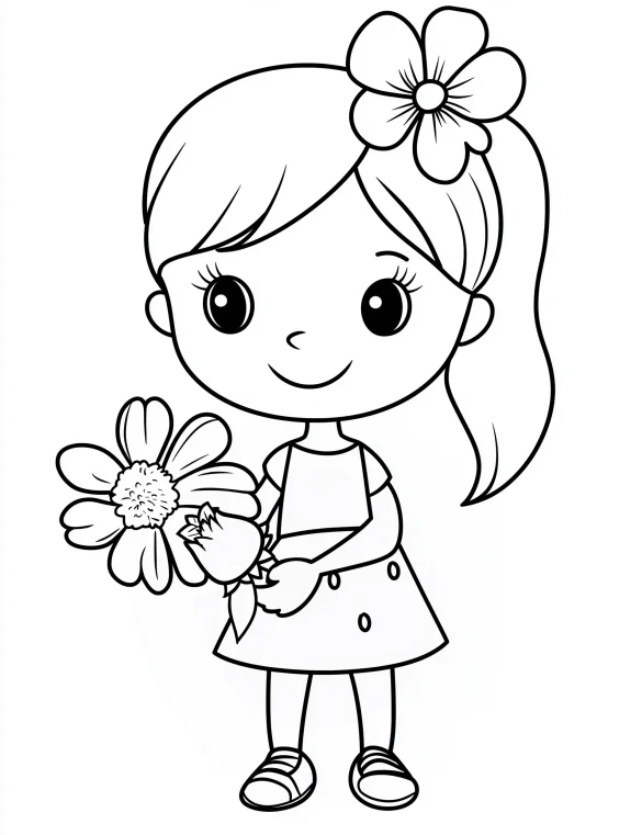 Cartoon Girl Holding Flowers Coloring Page