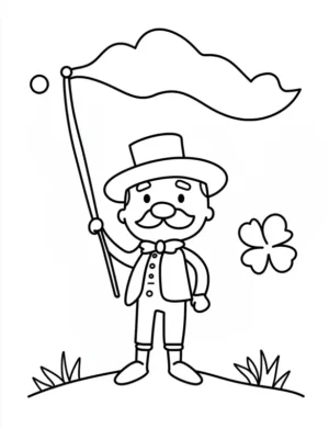Cartoon Leprechaun Holding Flag with Shamrock Symbol St. Patrick's Day Coloring Page