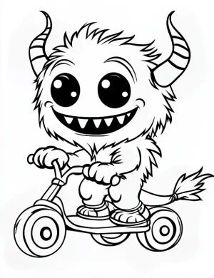 Cartoon Monster Riding Scooter Halloween Coloring Page by Mindset Flow
