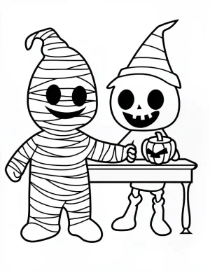 Cartoon Mummy And a Ghost Standing Coloring Page by Mindset Flow