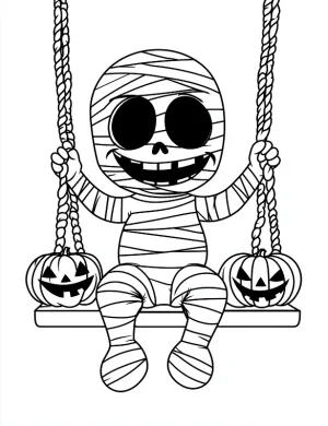 Cartoon Mummy Sitting On a Wooden Swing Coloring Page by Mindset Flow
