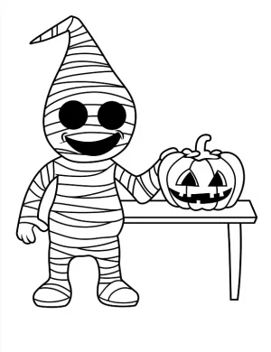 Cartoon Mummy Standing Beside a Pumpkin Coloring Page by Mindset Flow