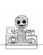 Cartoon Mummy in a Kitchen with Pumpkin Coloring Page by Mindset Flow